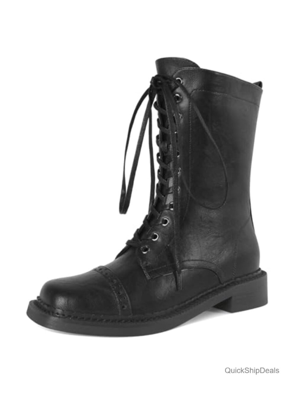 Women's Lace Up Combat Boots Chunky Low Heel Square Toe Mid Calf Zipper Boots
